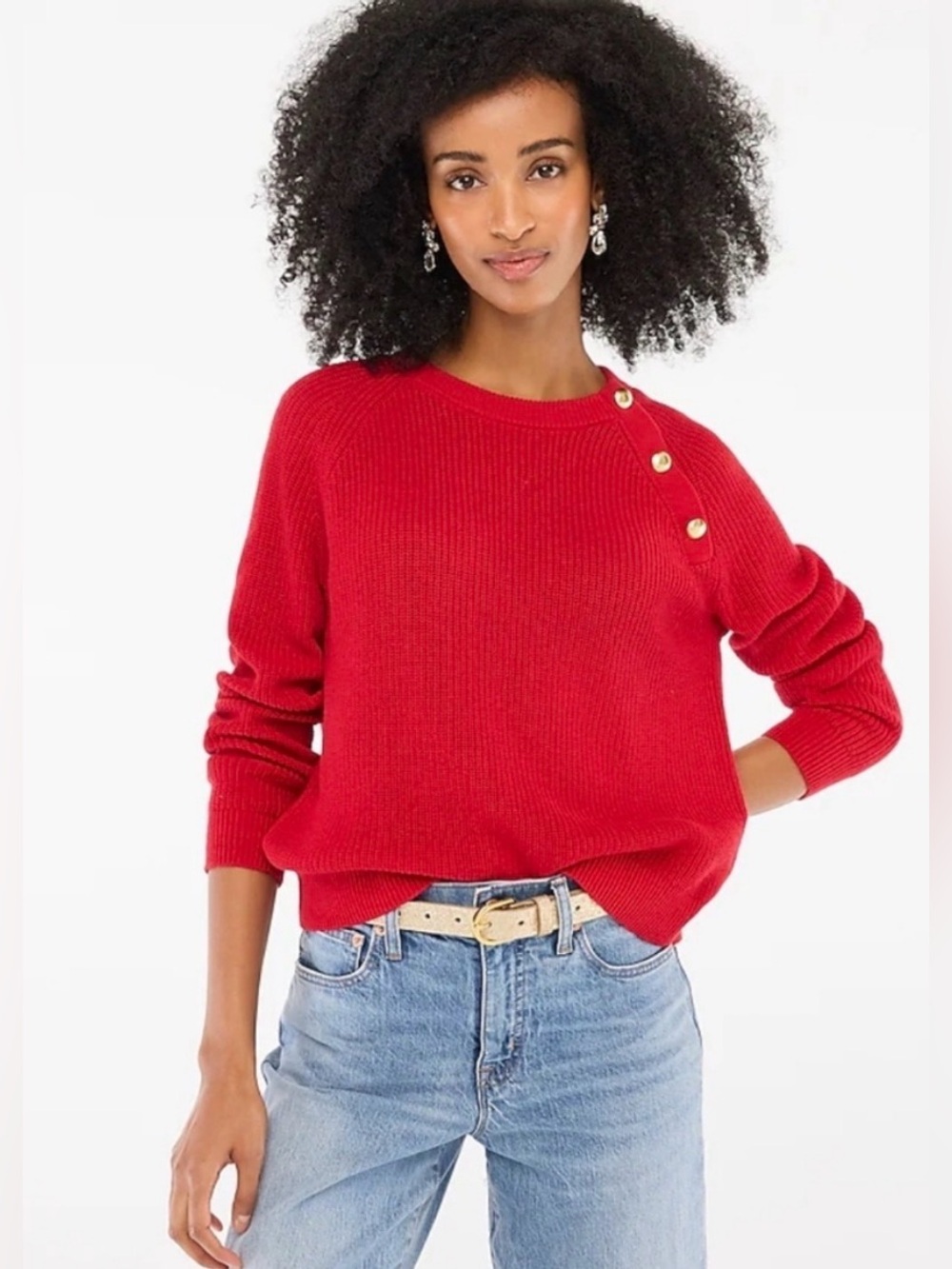 J. Crew Button Raglan Classic Cardinal Red Knit Crewneck Sweater NWT